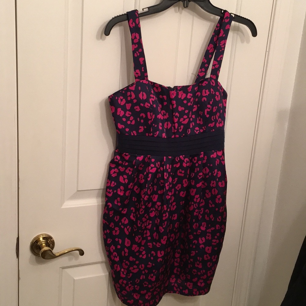 F21 Navy / Magenta animal print satin dress S